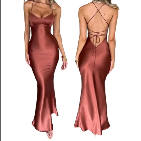 Elegant Backless Satin Dress - Brown - Picture 1 of 9